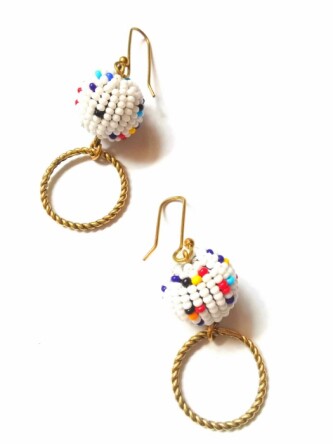 African Beaded Multi-Colored Ball and Brass Circles Hang-Drop Earrings