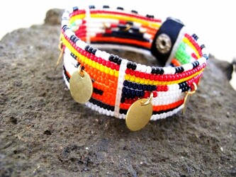 African Beaded Patterned Multi-Colored Bracelet with Brass Dangles